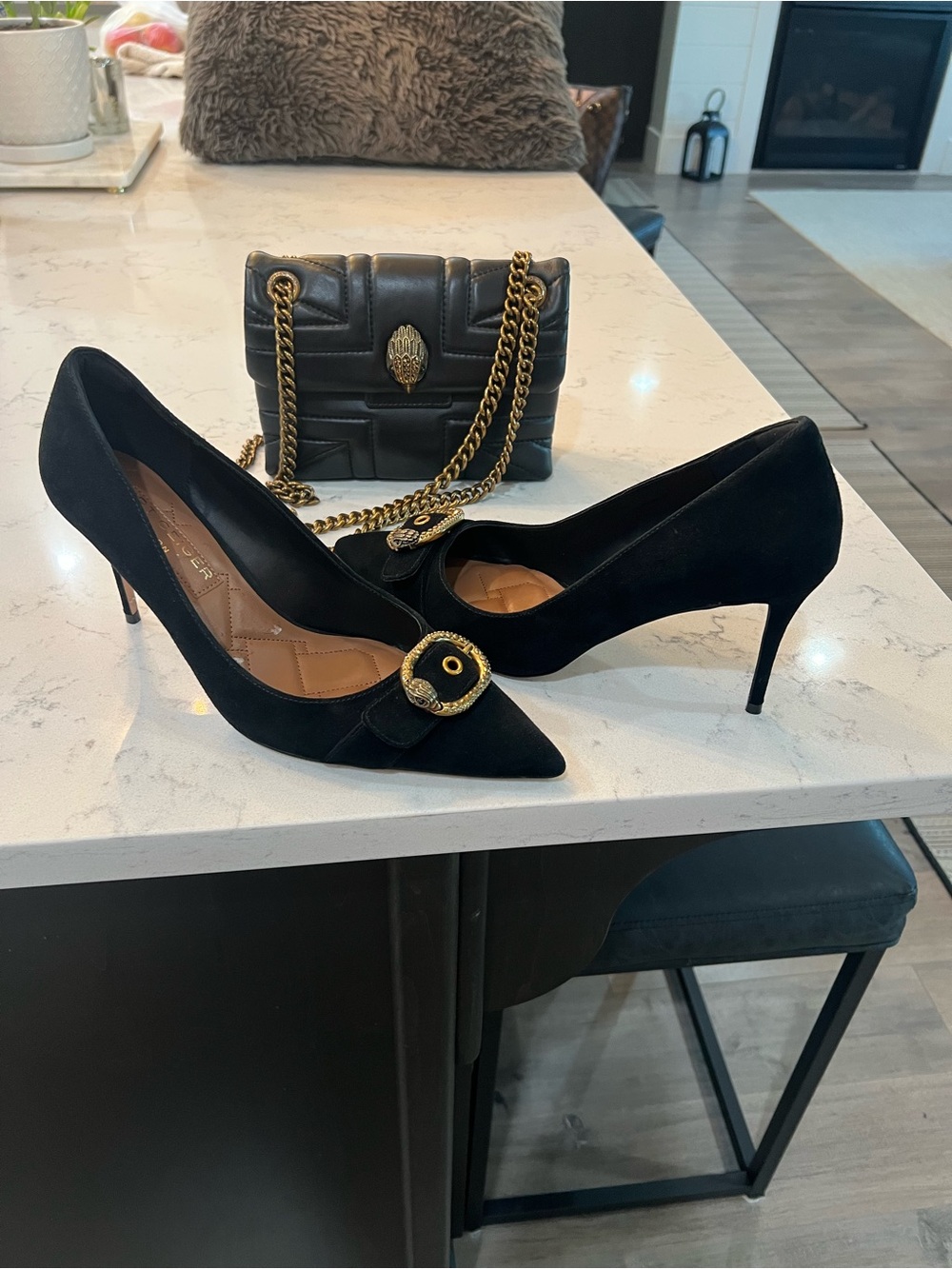 Kurt Geiger Black Suede Pointed-Toe Heel and MATCHING purse.